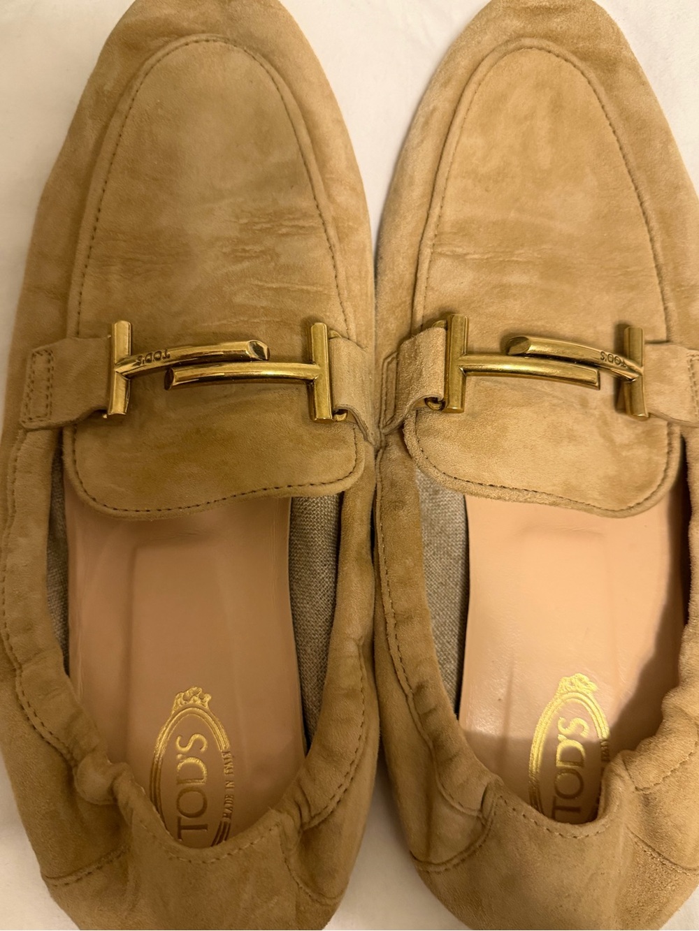 Tod's Beige Suede Bit Loafers with Gold Hardware